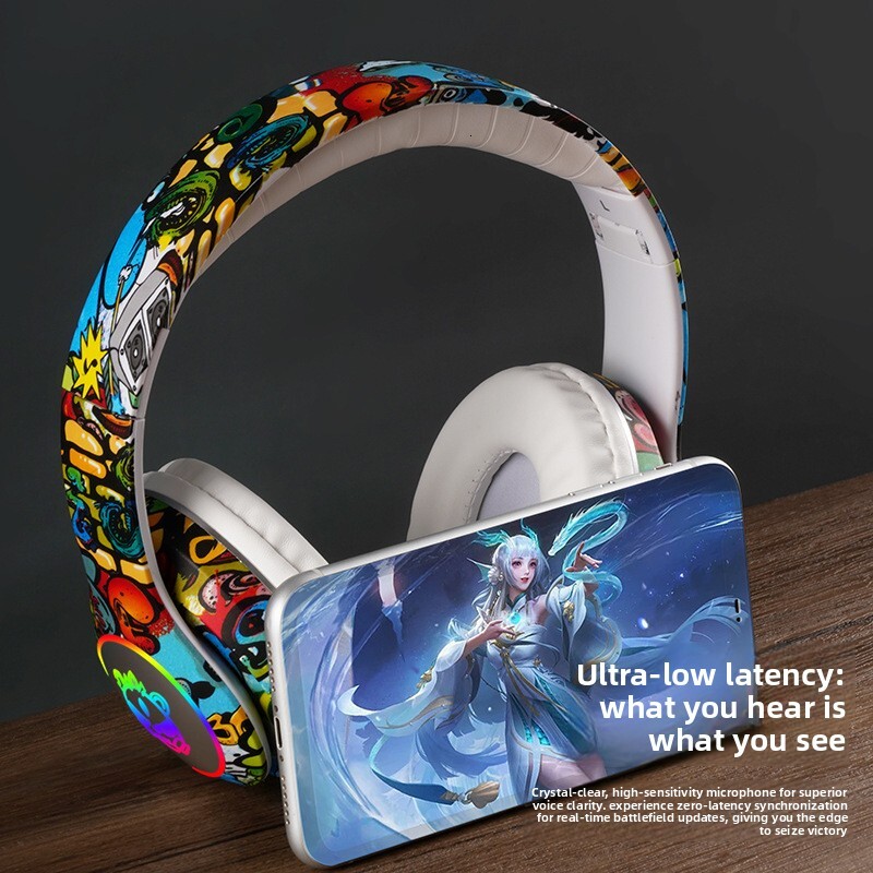 Wireless Over Ear Designer Headphones New Graffiti Blue LED Glowing Wireless Bluetooth Headset Support TF Card Playback
