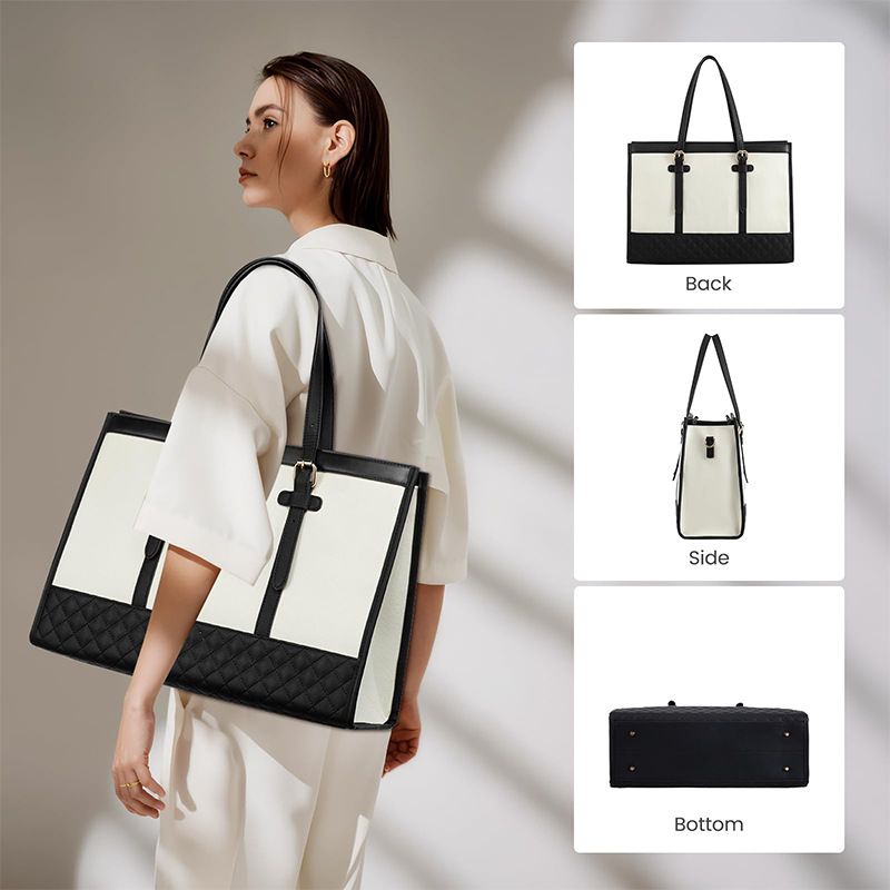 Women's Black & White Tote Bag Set, 2-in-1 Large Capacity Shoulder Handbag with Quilted Pouch for Work & Daily Use free shipping