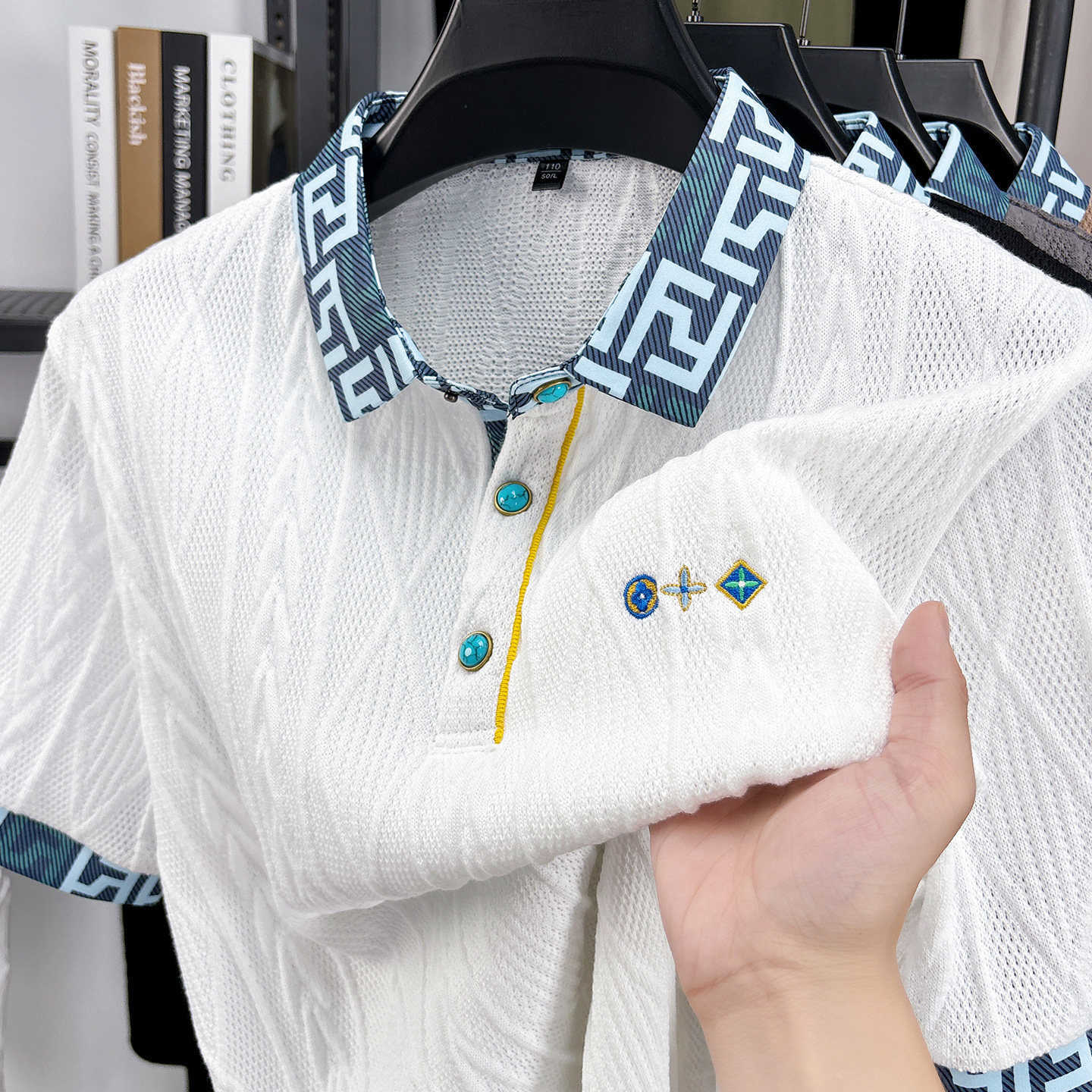 Jacquard short-sleeve t-shirt mens polo shirt with side slits for summer 2026 new high-end mens casual top