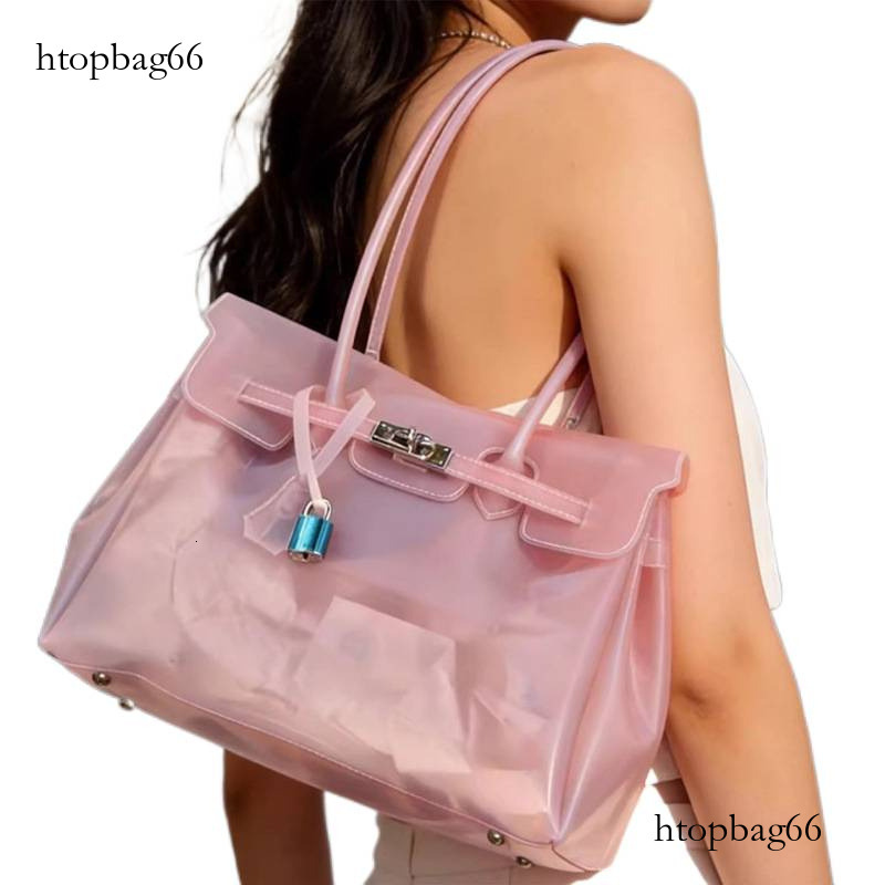 2026 Spring/Summer New Transparent Jelly Large Capacity Women's with Lock Clasp Handbag Shoulder Tote Bag Trendy 35cm