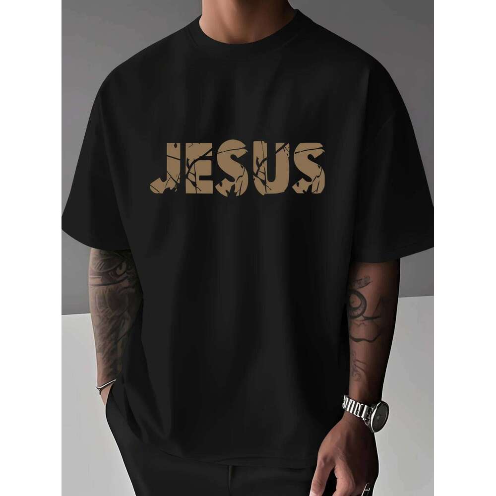 Summer Christian Style Jesus Cross Pattern Printed Short-sleeved 100% Cotton Men's T-shirt with Faith Theme Loose and Trendy Top 26L0505 - view 4