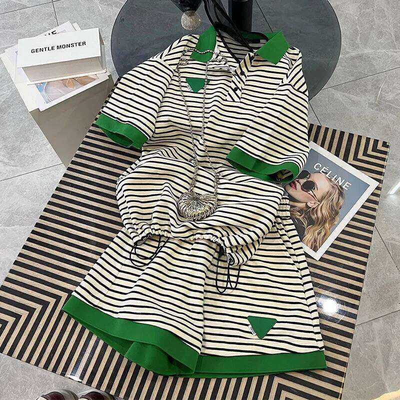 Y2K Streetwear Women Striped Two Piece Matching Set Short Sleeve Top Elastic Waist Shorts Casual Summer Fashion Lounge Holiday Party Outfit MAKOUFEI
