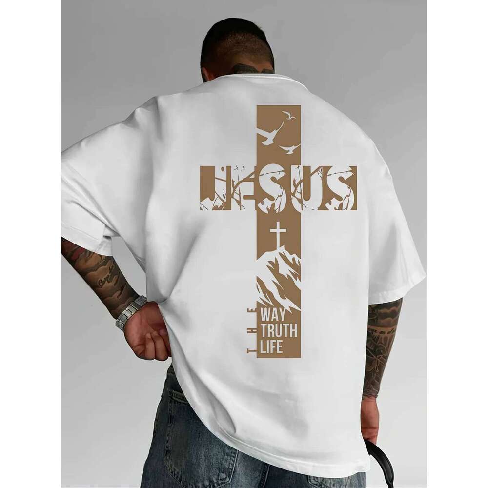 Summer Christian Style Jesus Cross Pattern Printed Short-sleeved 100% Cotton Men's T-shirt with Faith Theme Loose and Trendy Top 26L0505