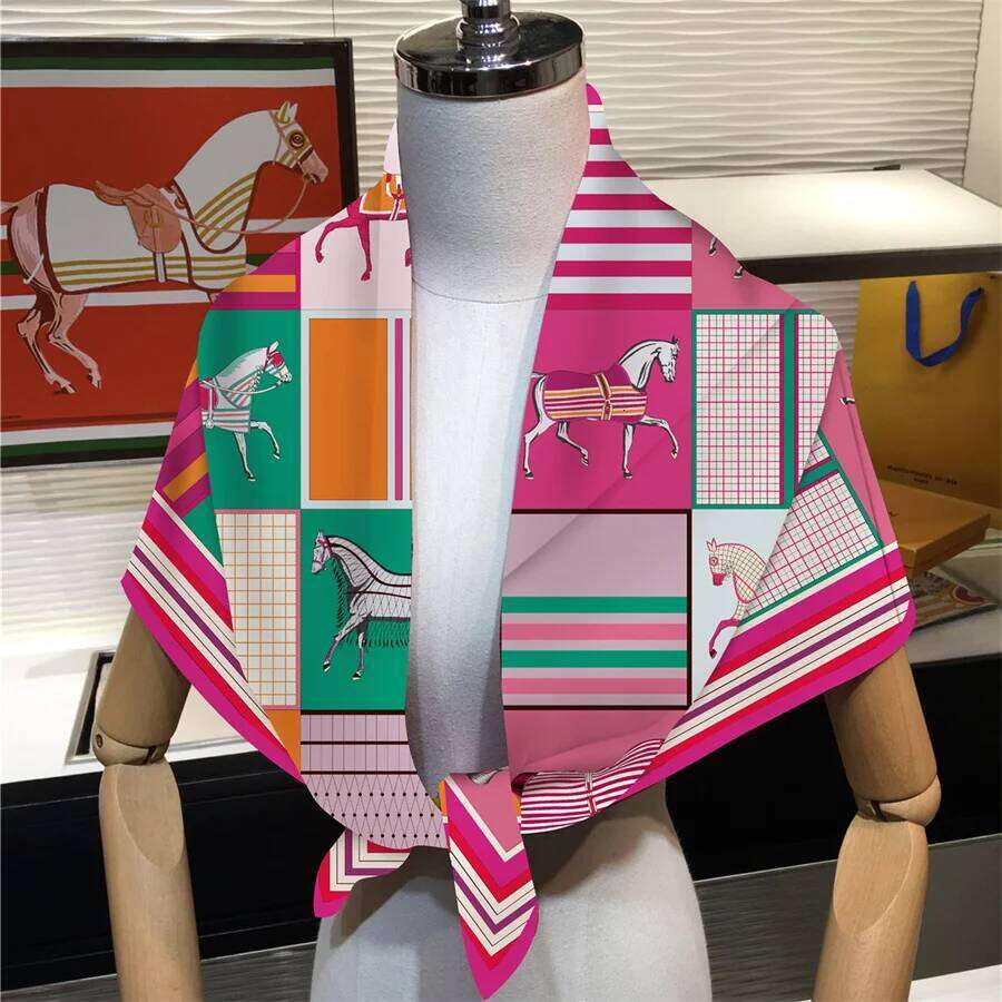 90cm Classic Ten Horse Brand Square Women Twill Silk Shawl Hijabs Luxury Bandana Foulard Neckerchief Head Scarf 26H0505