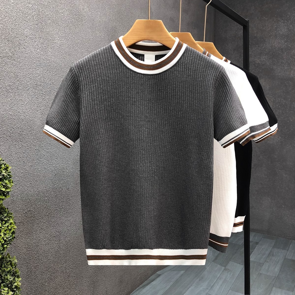 Designer Short-sleeved Shirt For Men Summer Short-sleeved Knitted Shirt With Color-block Stripes And Ice Silk Material Breathable And Comfortable Loos