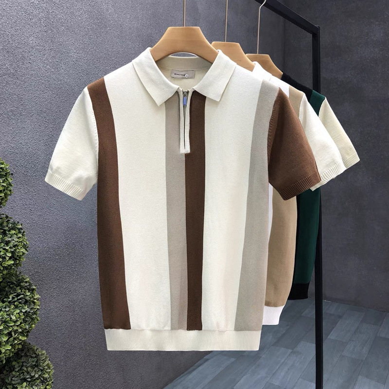 Designer Short-sleeved Shirt - Luxurious Men's T-shirt - High-end High-neck Short-sleeved Silk-knit Polo Shirt - Color-block Striped Fashionable 