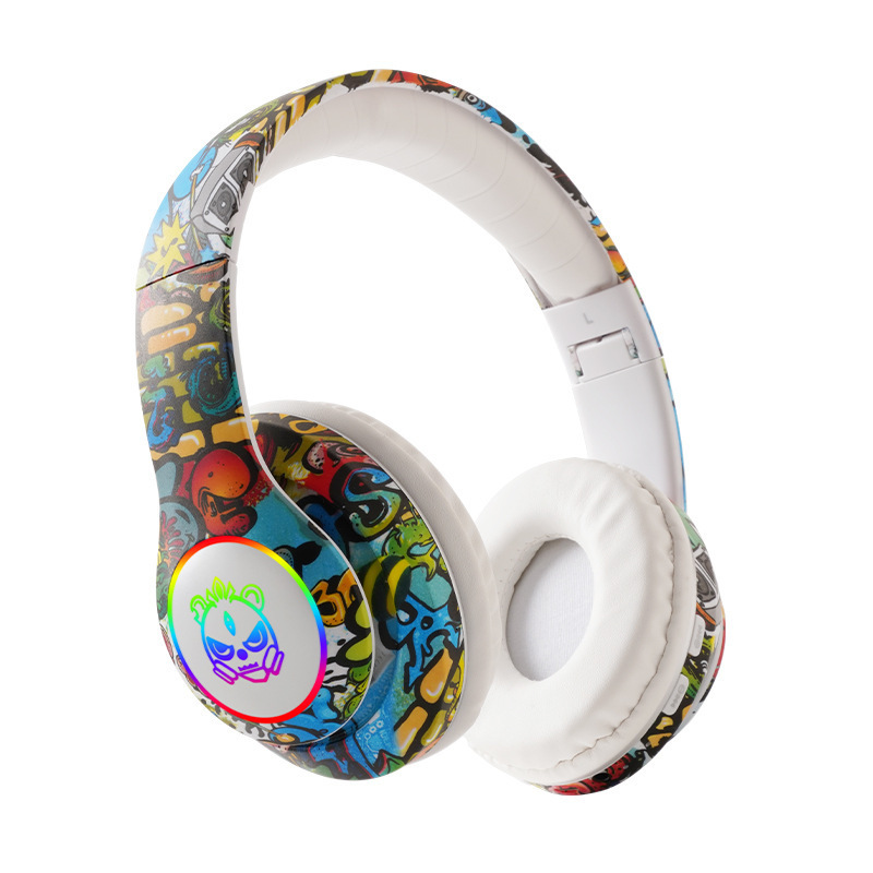 Wireless Over Ear Designer Headphones New Graffiti Blue LED Glowing Wireless Bluetooth Headset Support TF Card Playback