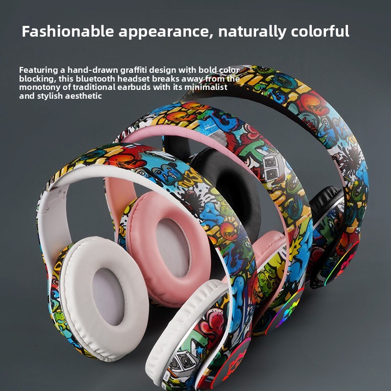 Wireless Over Ear Designer Headphones New Graffiti Blue LED Glowing Wireless Bluetooth Headset Support TF Card Playback