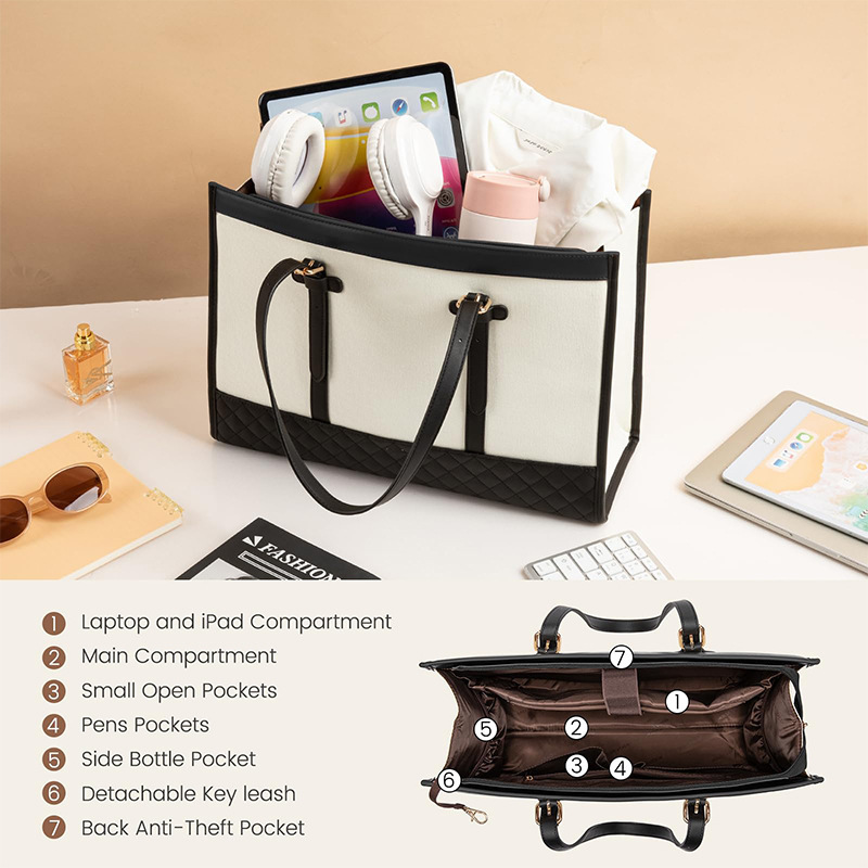 Women's Black & White Tote Bag Set, 2-in-1 Large Capacity Shoulder Handbag with Quilted Pouch for Work & Daily Use free shipping