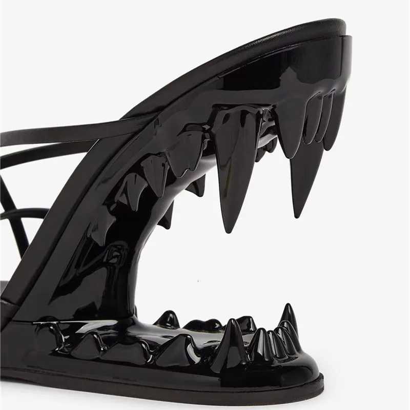 Womens Gold Tiger Tooth Heel High Thong Sandals Wedge Strappy Open Toe Mules Slippers Beach Out Party Nightclub Fashion Shoes X260504