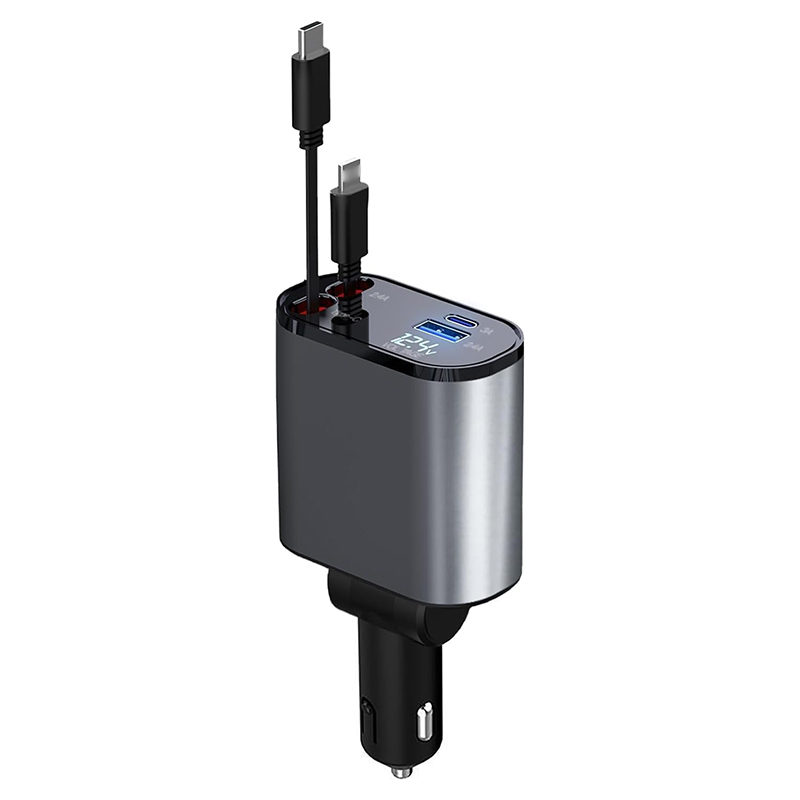 120W 4 Port Car Charger with Extension Cable USB C PD QC3.0 Fast Charging Car Adapter for Phone and Tablet