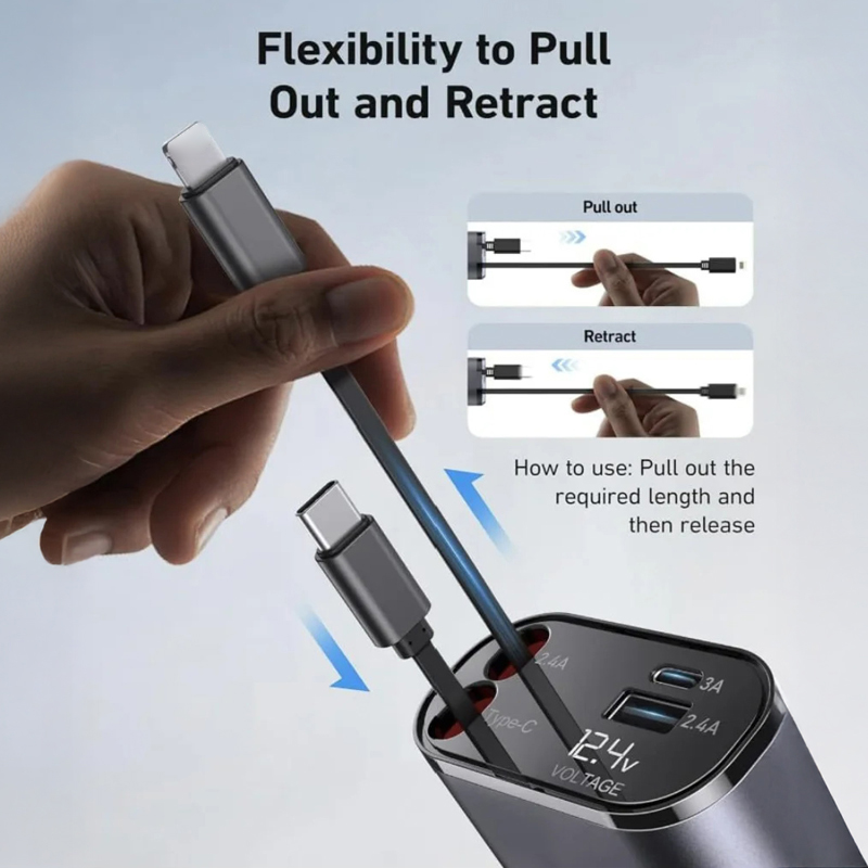 120W 4 Port Car Charger with Extension Cable USB C PD QC3.0 Fast Charging Car Adapter for Phone and Tablet