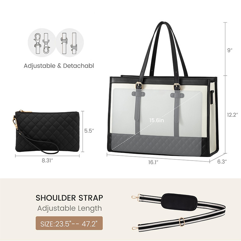 Women's Black & White Tote Bag Set, 2-in-1 Large Capacity Shoulder Handbag with Quilted Pouch for Work & Daily Use free shipping