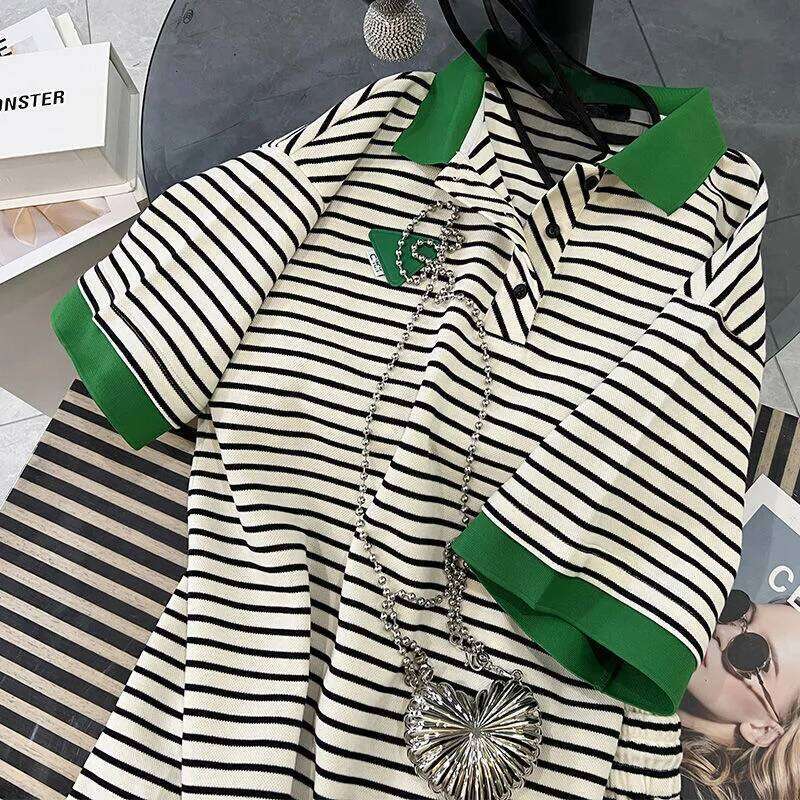 Y2K Streetwear Women Striped Two Piece Matching Set Short Sleeve Top Elastic Waist Shorts Casual Summer Fashion Lounge Holiday Party Outfit MAKOUFEI