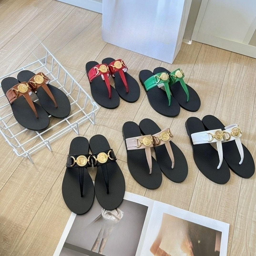 V Designer Shoes Women Medusa Luxury Rhinestone Buckle Bow Flip Flops, Non-Slip Embossed Flat Slide Sandals, Casual Summer Beach Slippers for Ladies Plus Size 36-42
