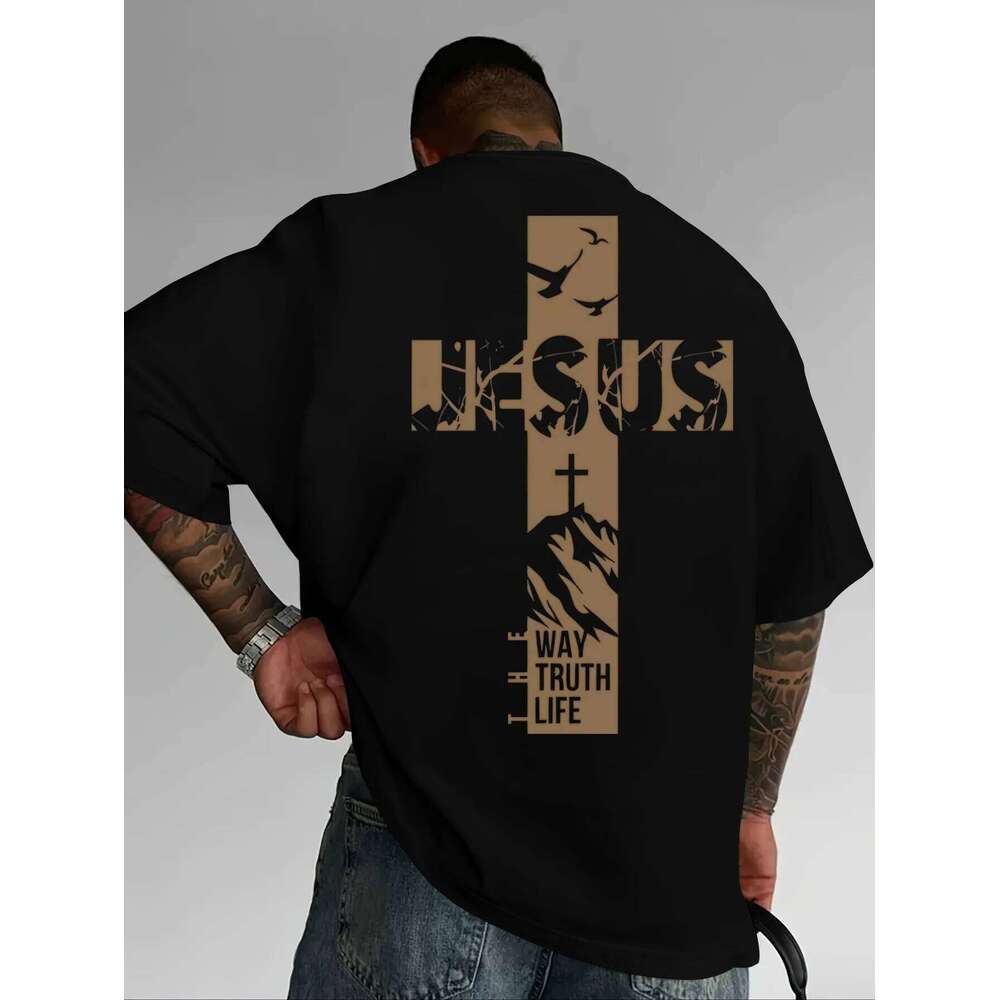 Summer Christian Style Jesus Cross Pattern Printed Short-sleeved 100% Cotton Men's T-shirt with Faith Theme Loose and Trendy Top 26L0505 - view 3
