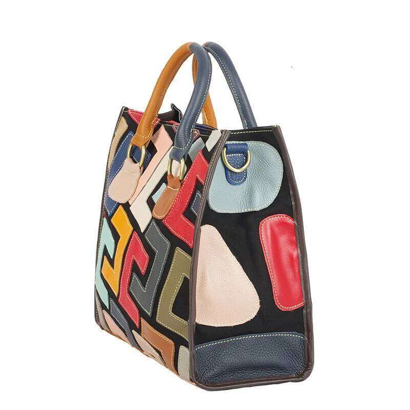 Genuine Leather Ethnic Style Color Contrast Tote Bag Luxury Designer Large Capacity Casual Versatile Commuter Travel Party Women Handbag SENYY