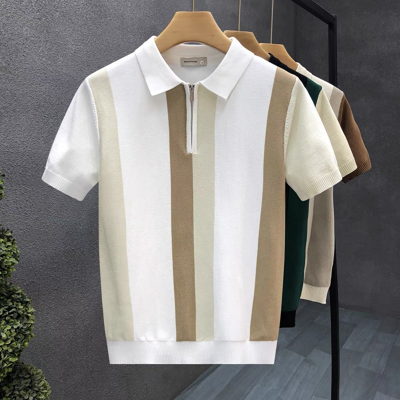 Designer Short-sleeved Shirt - Luxurious Men's T-shirt - High-end High-neck Short-sleeved Silk-knit Polo Shirt - Color-block Striped Fashionable 