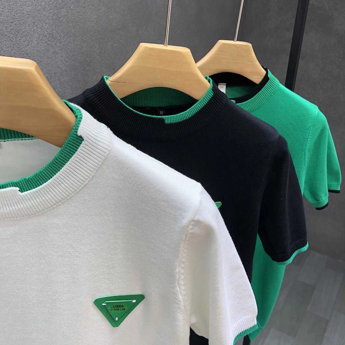 Trendy Brand White Knitted Short Sleeve Ice Silk Mens Fashionable Handsome Warm Inner Wear Half Sleeve Sweater T-Shirt Mens Base Shirt