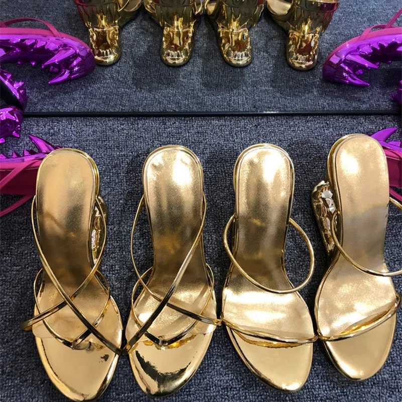 Womens Gold Tiger Tooth Heel High Thong Sandals Wedge Strappy Open Toe Mules Slippers Beach Out Party Nightclub Fashion Shoes X260504