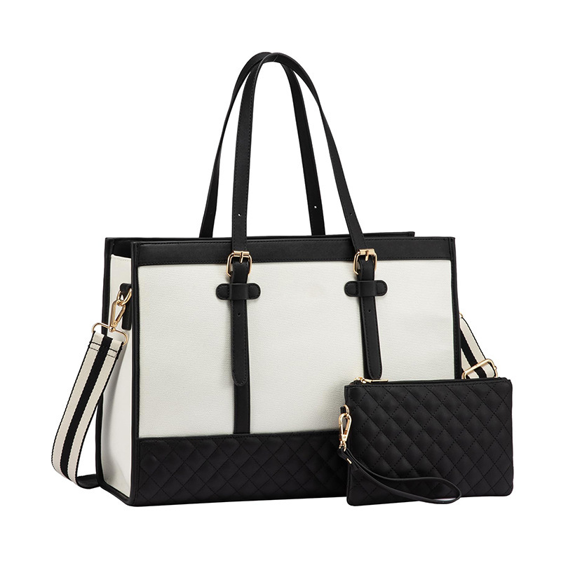 Women's Black & White Tote Bag Set, 2-in-1 Large Capacity Shoulder Handbag with Quilted Pouch for Work & Daily Use free shipping