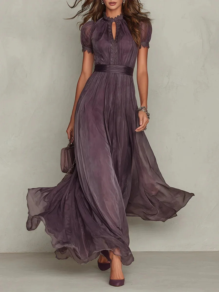 Vestidos De Mujer Casuales Round Neck Short-sleeved Lace Waist Hem Ruffled Temperament Dress Women Summer Elegant Long Dress 260428