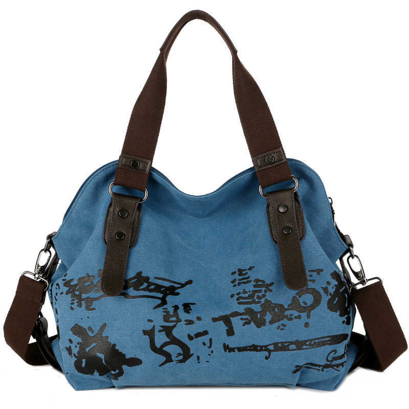 Women's washed canvas backpack with large capacity, soft handle, canvas large bag, shell-shaped printed bag, trendy shell bagJ260505