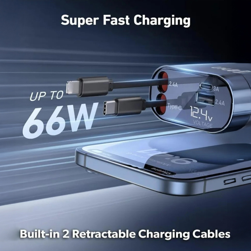 120W 4 Port Car Charger with Extension Cable USB C PD QC3.0 Fast Charging Car Adapter for Phone and Tablet