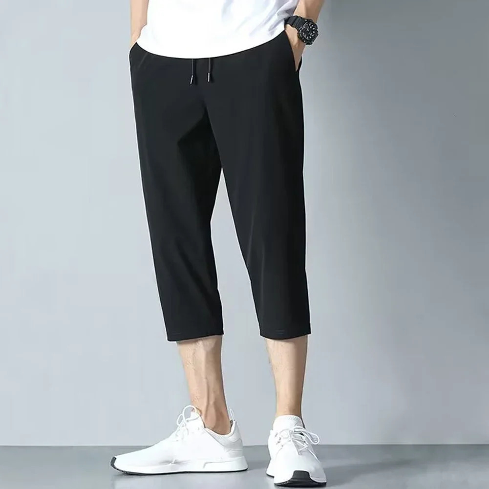 2025 Summer Mens Ice Silk Pants Hong Kong Style Trendy Loose-Fit Straight-Leg Cropped Pants Korean Version Casual Pants260424