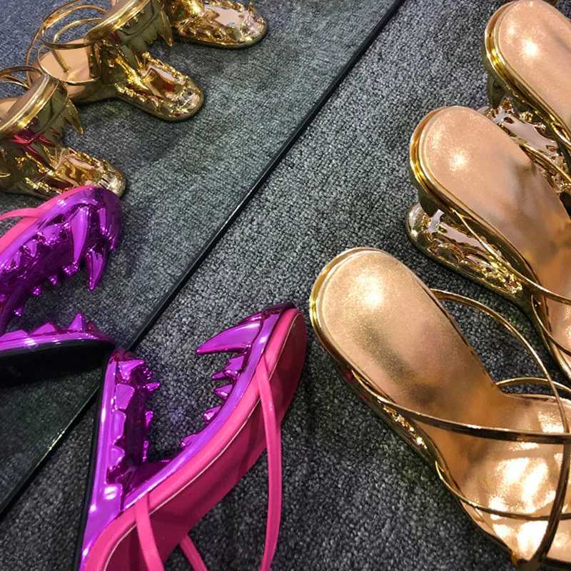 Womens Gold Tiger Tooth Heel High Thong Sandals Wedge Strappy Open Toe Mules Slippers Beach Out Party Nightclub Fashion Shoes X260504
