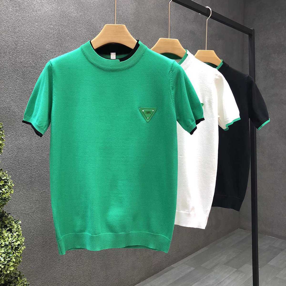 Trendy Brand White Knitted Short Sleeve Ice Silk Mens Fashionable Handsome Warm Inner Wear Half Sleeve Sweater T-Shirt Mens Base Shirt