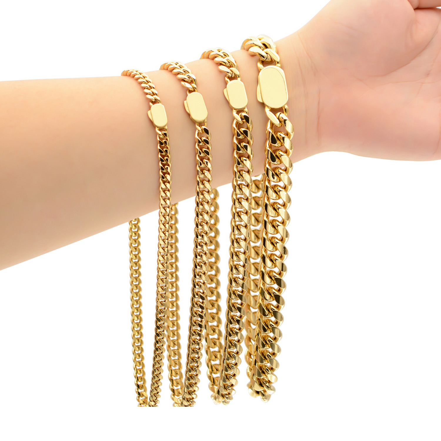 6-14mm Stainless Steel Miami Cuban Chain Necklace Bracelet with Spring Clasp Gold Color