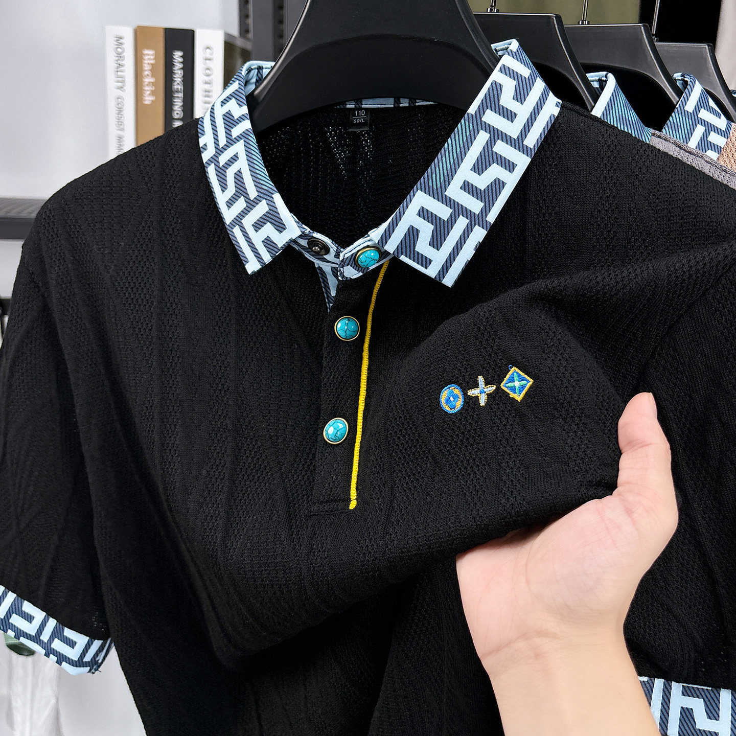 Jacquard short-sleeve t-shirt mens polo shirt with side slits for summer 2026 new high-end mens casual top