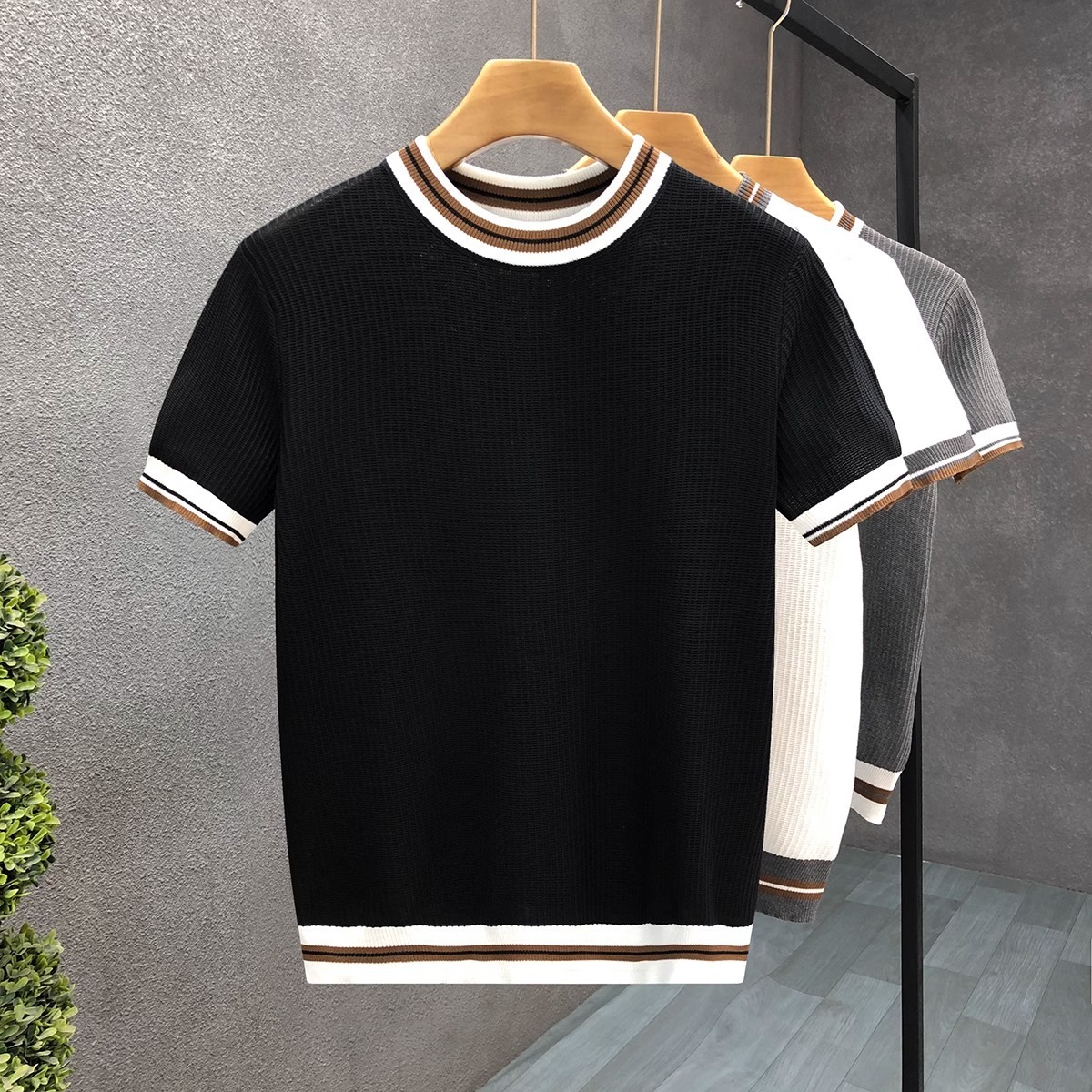 Designer Short-sleeved Shirt For Men Summer Short-sleeved Knitted Shirt With Color-block Stripes And Ice Silk Material Breathable And Comfortable Loos