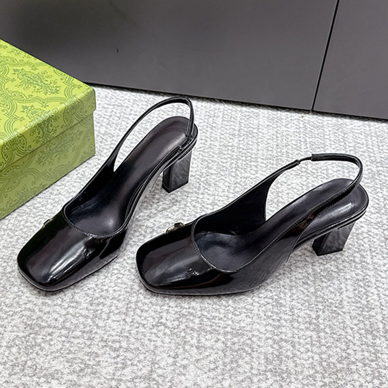 26SS Square toe Womens High Heeled Shoes Designer Women Sandals with a back strap real leather upper thick heel outsole Black Miss high heeled single shoes