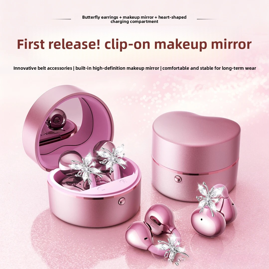 Wireless Ear Clip Designer Headphones Butterfly Ear Ornament Heart Shaped Charging Case With Makeup Mirror High Appearance Level Fashion Wireless Blue