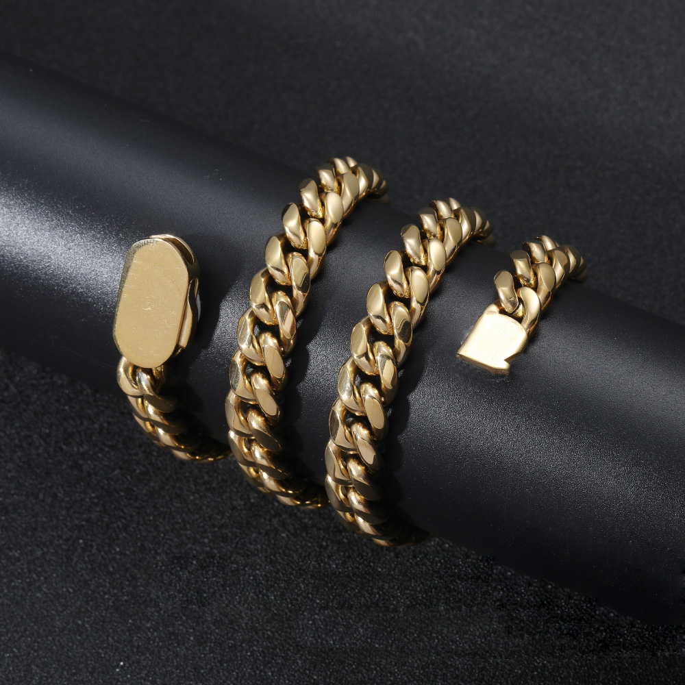 6-14mm Stainless Steel Miami Cuban Chain Necklace Bracelet with Spring Clasp Gold Color