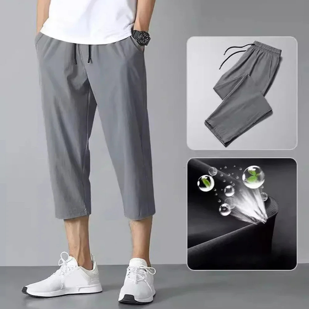 2025 Summer Mens Ice Silk Pants Hong Kong Style Trendy Loose-Fit Straight-Leg Cropped Pants Korean Version Casual Pants260424