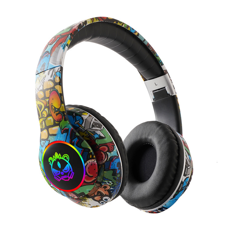 Wireless Over Ear Designer Headphones New Graffiti Blue LED Glowing Wireless Bluetooth Headset Support TF Card Playback