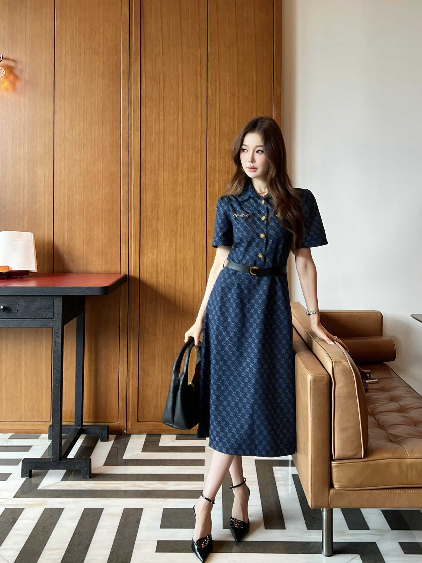 Dress designer dress for women Denim Jacquard Short Sleeve Midi Dress Letter Print Gold Button Belt fashion party clothes