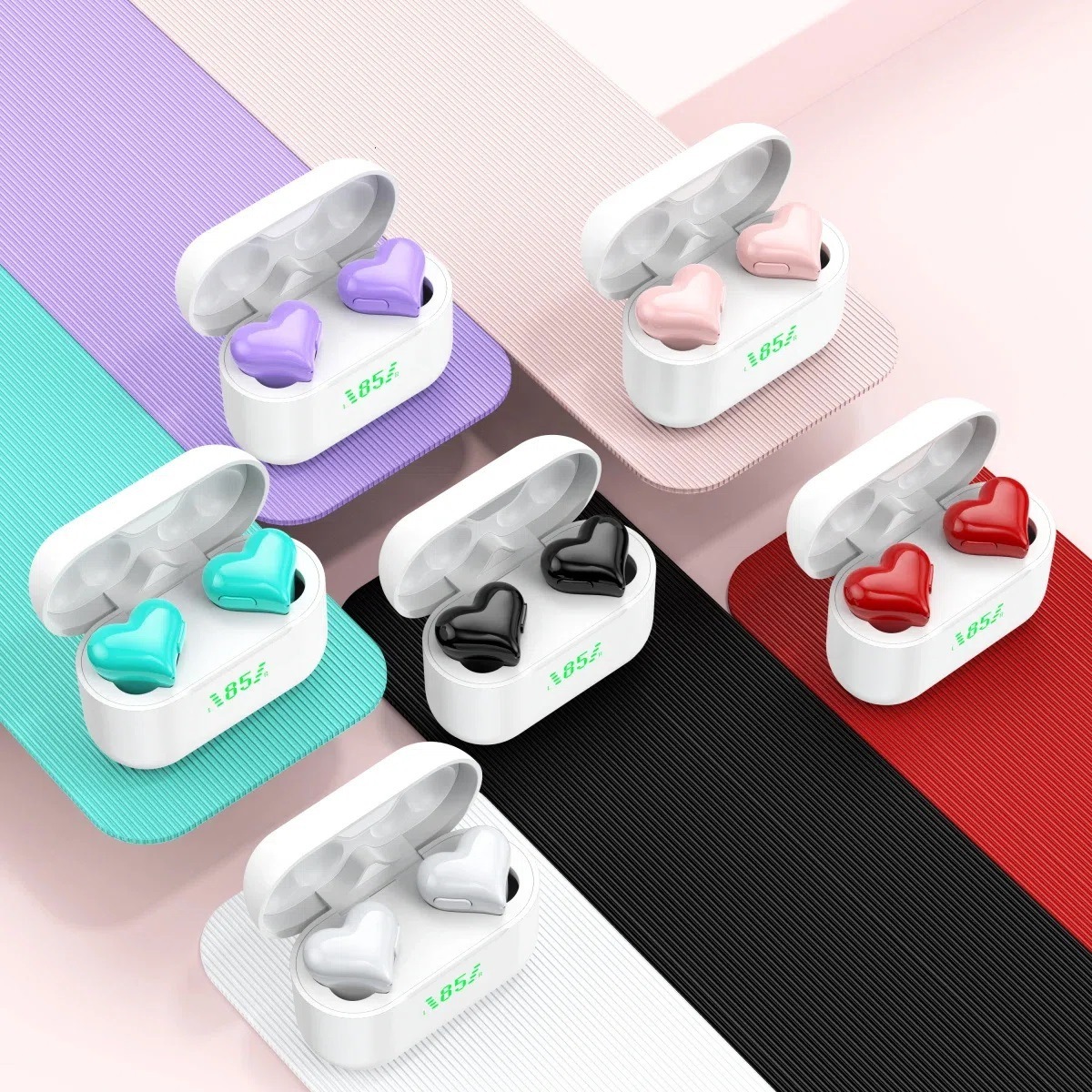 Wireless In Ear Designer Headphones Power Display Heart Shaped Mini Stylish Compatible With Smartphones Laptops Computers For Sports Daily Use