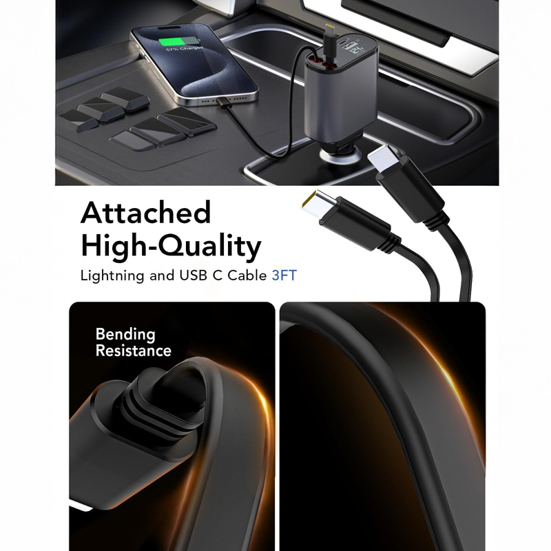 120W 4 Port Car Charger with Extension Cable USB C PD QC3.0 Fast Charging Car Adapter for Phone and Tablet