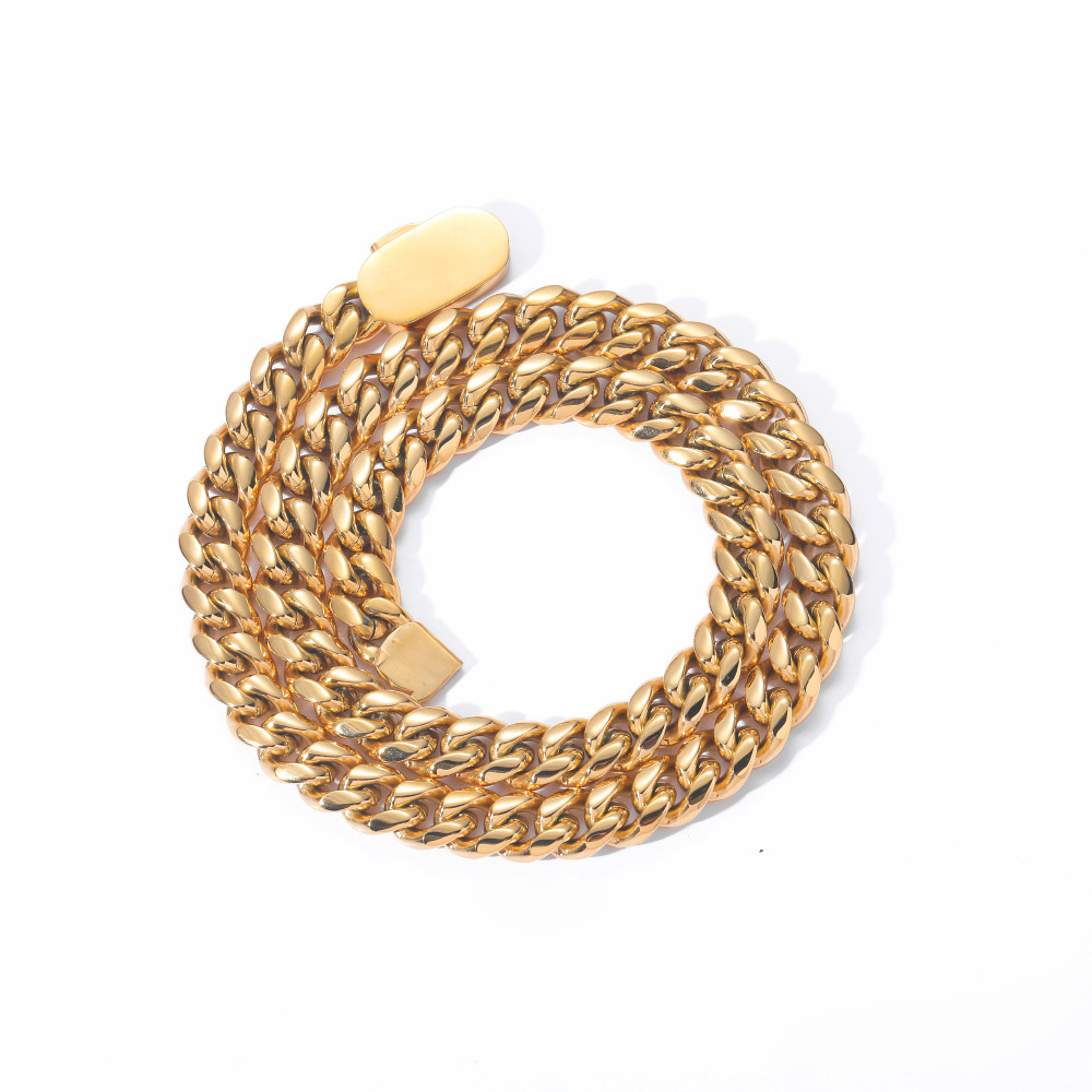 6-14mm Stainless Steel Miami Cuban Chain Necklace Bracelet with Spring Clasp Gold Color