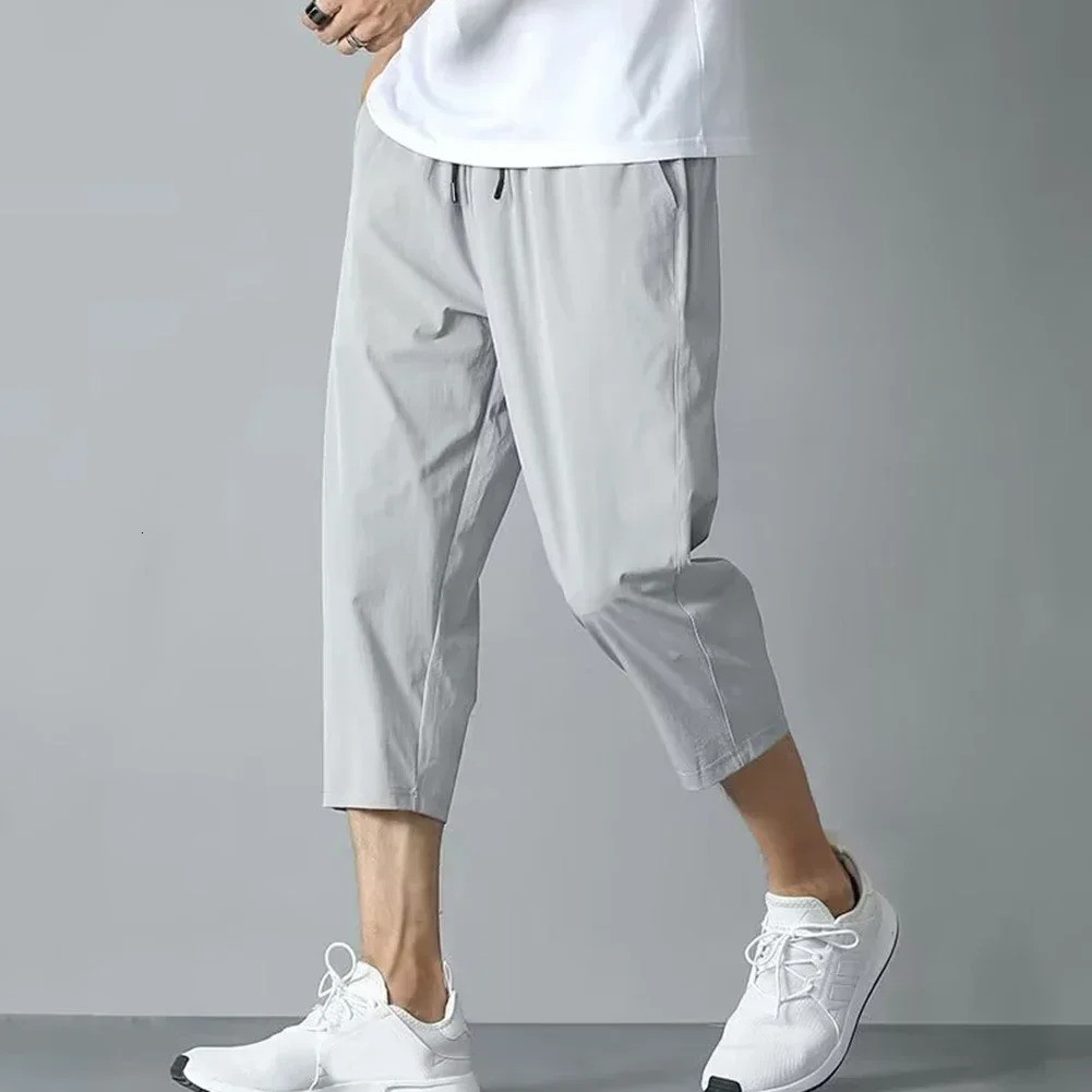 2025 Summer Mens Ice Silk Pants Hong Kong Style Trendy Loose-Fit Straight-Leg Cropped Pants Korean Version Casual Pants260424