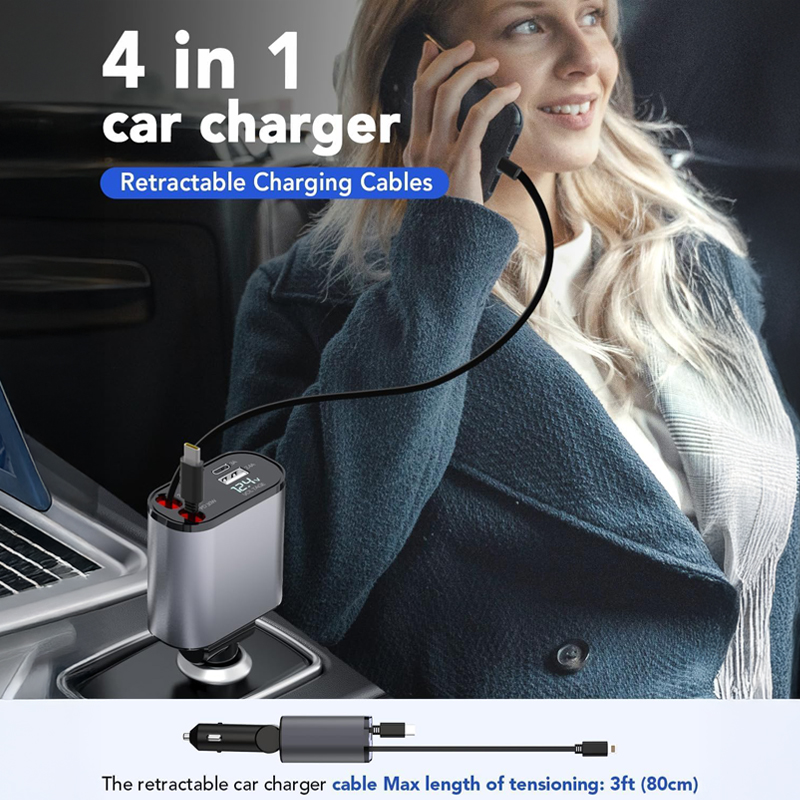 120W 4 Port Car Charger with Extension Cable USB C PD QC3.0 Fast Charging Car Adapter for Phone and Tablet