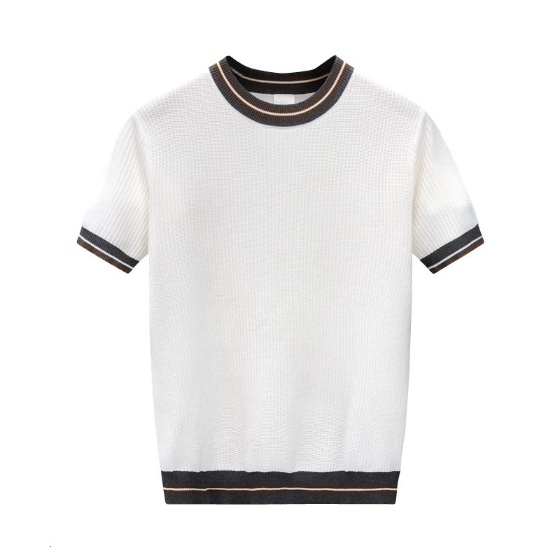 Designer Short-sleeved Shirt For Men Summer Short-sleeved Knitted Shirt With Color-block Stripes And Ice Silk Material Breathable And Comfortable Loos
