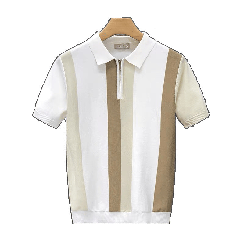 Designer Short-sleeved Shirt - Luxurious Men's T-shirt - High-end High-neck Short-sleeved Silk-knit Polo Shirt - Color-block Striped Fashionable 