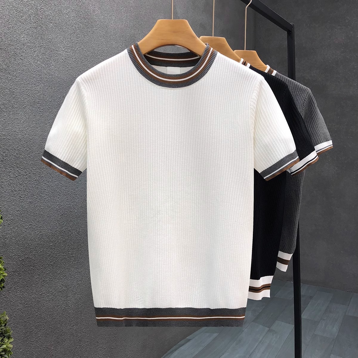Designer Short-sleeved Shirt For Men Summer Short-sleeved Knitted Shirt With Color-block Stripes And Ice Silk Material Breathable And Comfortable Loos