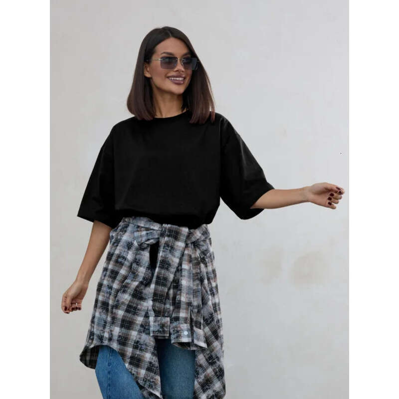 designer clothes women Summer New Women Cotton Mid-Length T-Shirt European American Ins Style Lazy Loose Fit Solid Color Versatile Half Sleeve Casual 