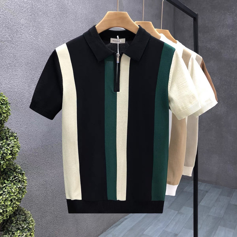 Designer Short-sleeved Shirt - Luxurious Men's T-shirt - High-end High-neck Short-sleeved Silk-knit Polo Shirt - Color-block Striped Fashionable 